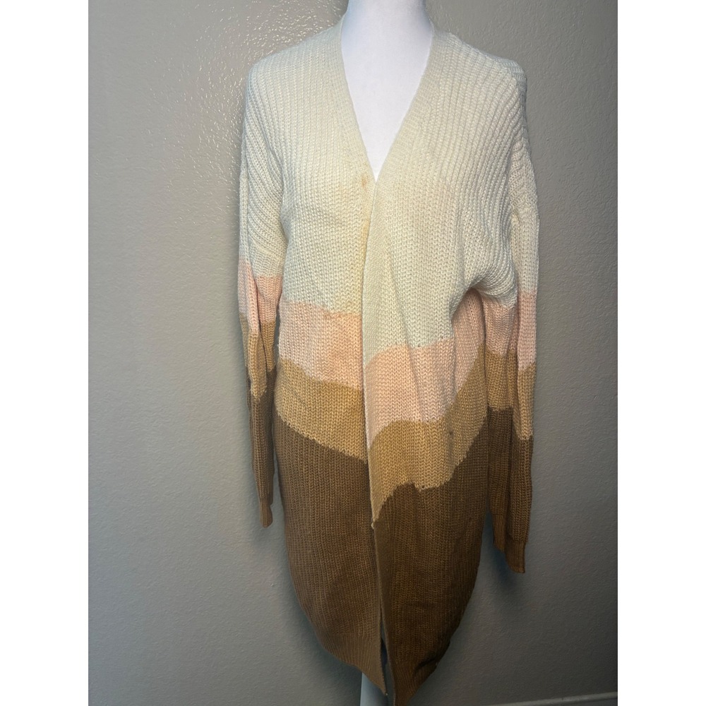 Sweet & Sinful Womens Colorblock Longline Cardigan Sweater Brown Peach Cream M